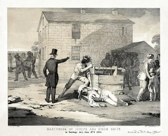 An 1844 lithograph depicting the killing of Joseph and Hyrum Smith at Carthage Jail on June 27, 1844.
