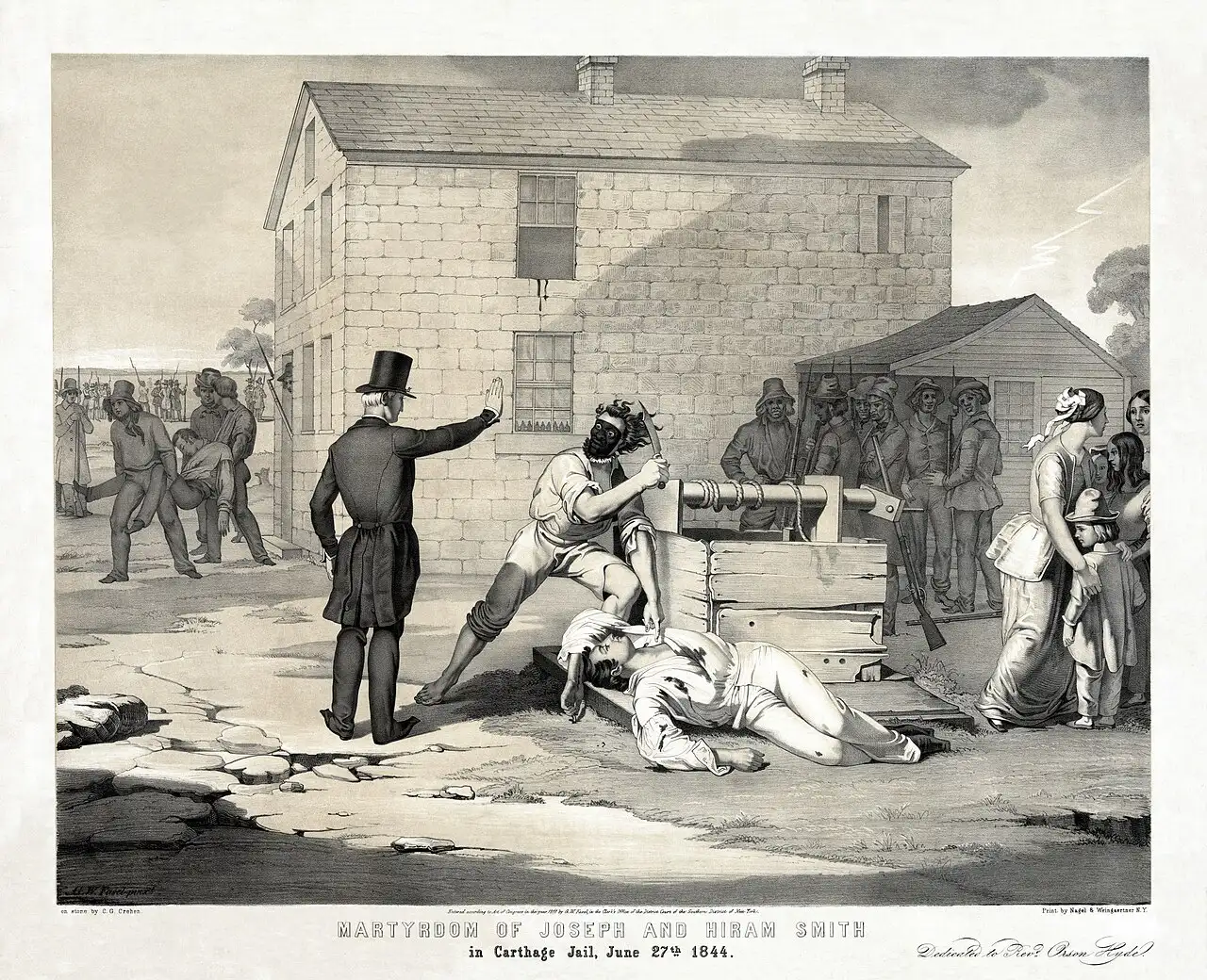 An 1844 lithograph depicting the killing of Joseph and Hyrum Smith at Carthage Jail on June 27, 1844.