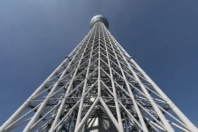 Tokyo Skytree photographed from directly below against a clear blue sky, its white steel lattice rising to the observation deck