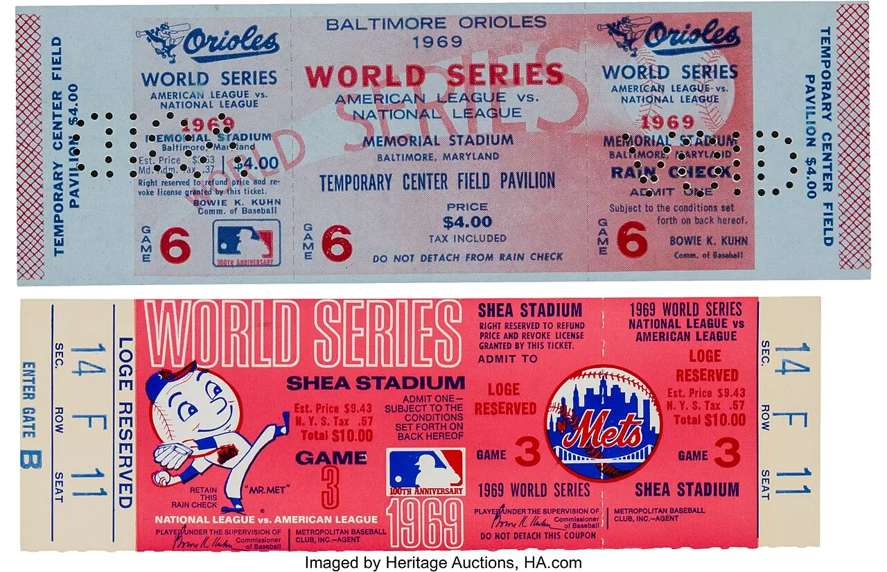 Two vintage tickets from the 1969 World Series, one for Game 3 at Shea Stadium and one for a Game 6 in Baltimore, decorated with a baseball mascot.