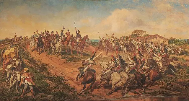 Pedro Américo's 1888 painting 'Independência ou Morte,' depicting Dom Pedro proclaiming Brazil's independence on the banks of the Ipiranga.