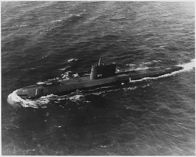The nuclear submarine USS Nautilus (SSN-571) underway on her initial sea trials in January 1955, three years before her North Pole voyage.