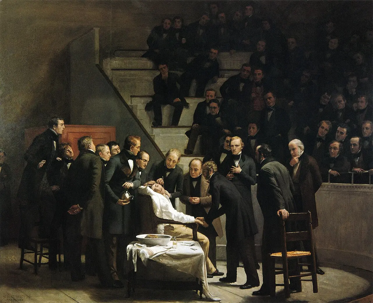 Robert Hinckley's painting of the first public operation under ether, showing surgeons around a patient in the amphitheater at Massachusetts General Hospital