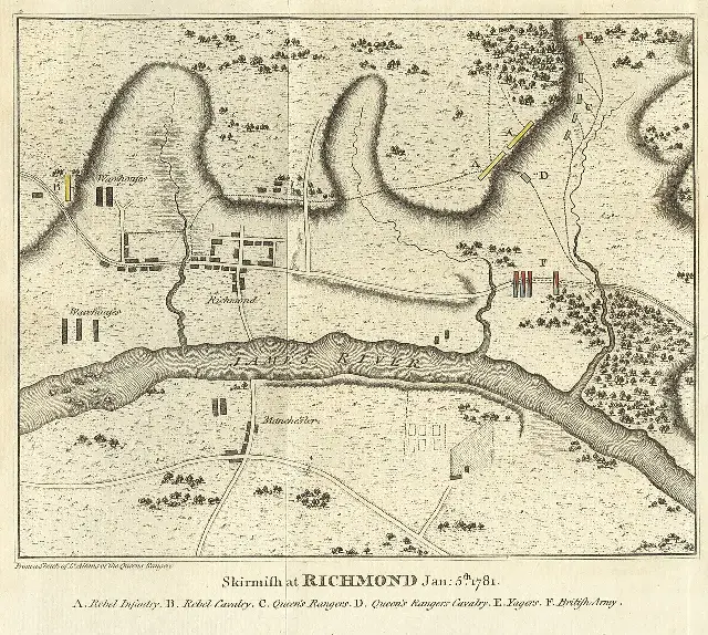 Engraved period map of the January 5, 1781 attack on Richmond, showing British and American positions along the James River.