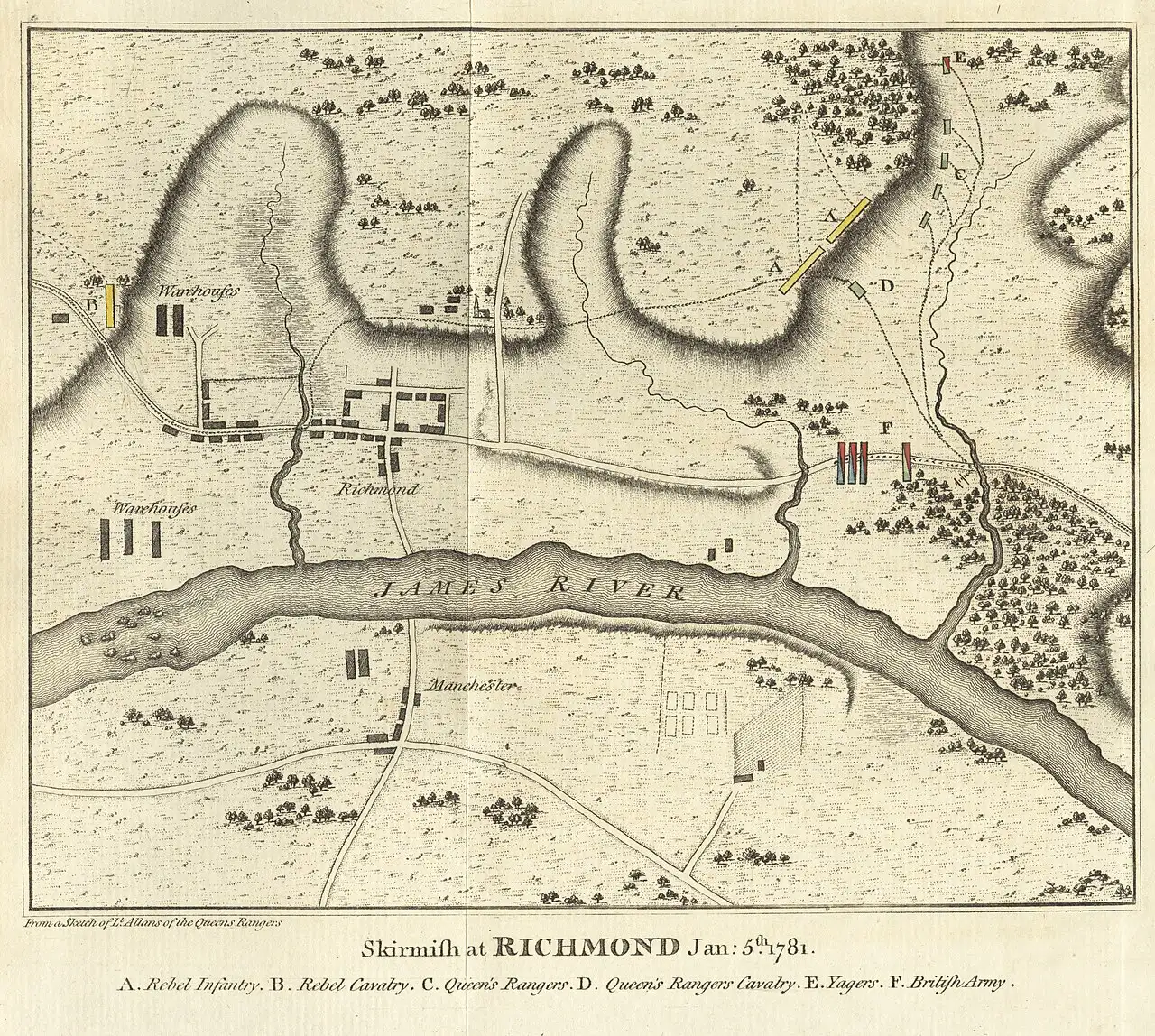 Engraved period map of the January 5, 1781 attack on Richmond, showing British and American positions along the James River.