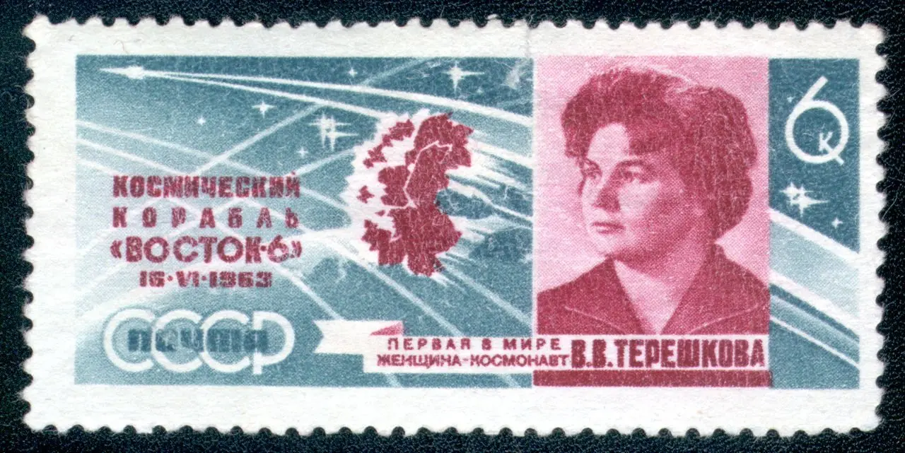 A 1963 Soviet postage stamp commemorating Valentina Tereshkova and the Vostok 6 spacecraft.