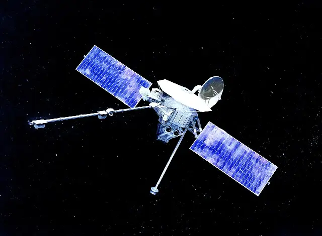 NASA's Mariner 10 spacecraft with its twin blue solar panels extended against the black of space