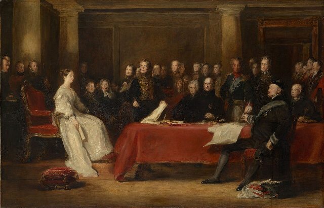 Sir David Wilkie's painting of Queen Victoria's first Privy Council at Kensington Palace on June 20, 1837.
