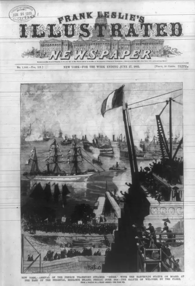 Period engraving of the French transport steamer Isère arriving at Bedloe's Island, New York, with the disassembled Statue of Liberty aboard, from a Library of Congress print.