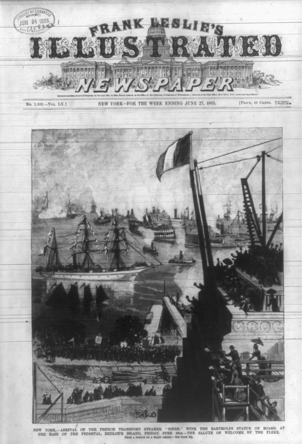 Period engraving of the French transport steamer Isère arriving at Bedloe's Island, New York, with the disassembled Statue of Liberty aboard, from a Library of Congress print.