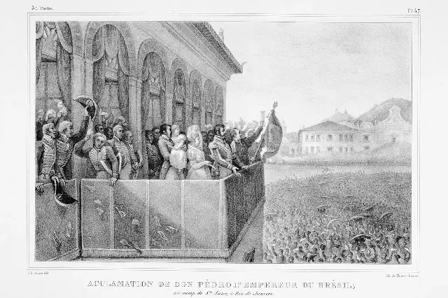 Jean-Baptiste Debret's engraving of the acclamation of Dom Pedro I as Emperor of Brazil on his balcony at the Campo de Santana in Rio de Janeiro, with crowds cheering below.