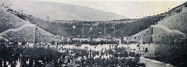 The packed Panathenaic Stadium in Athens on the first day of the 1896 Olympic Games.