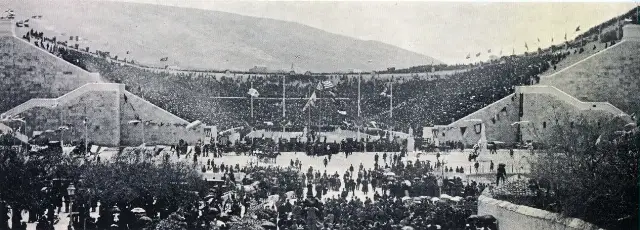 The packed Panathenaic Stadium in Athens on the first day of the 1896 Olympic Games.