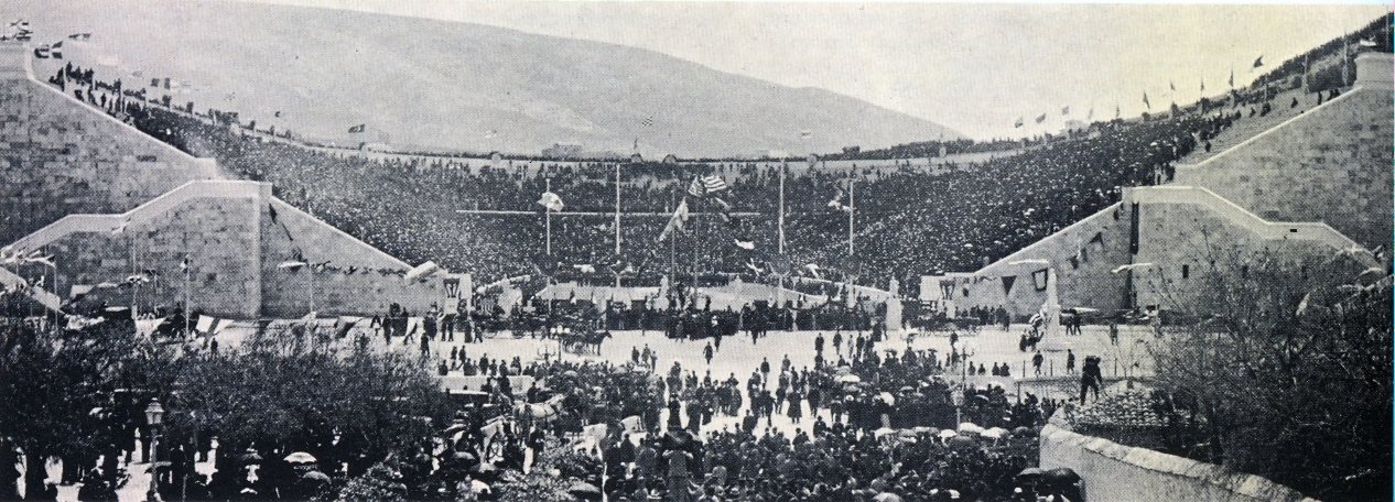The packed Panathenaic Stadium in Athens on the first day of the 1896 Olympic Games.
