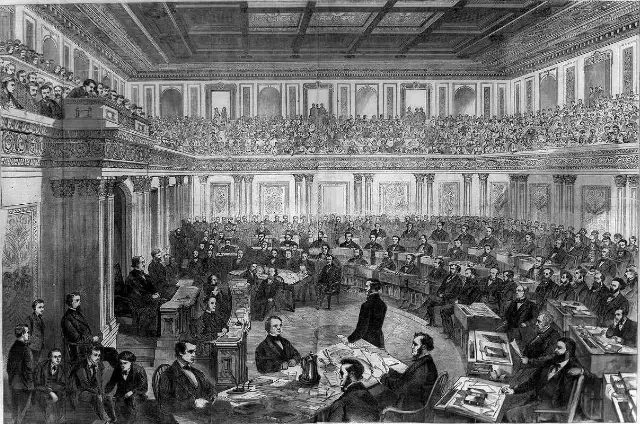An 1868 Harper's Weekly engraving of the U.S. Senate sitting as a court of impeachment during the trial of President Andrew Johnson.