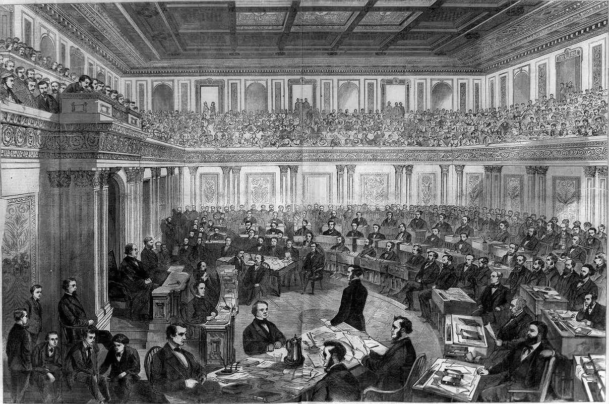 An 1868 Harper's Weekly engraving of the U.S. Senate sitting as a court of impeachment during the trial of President Andrew Johnson.