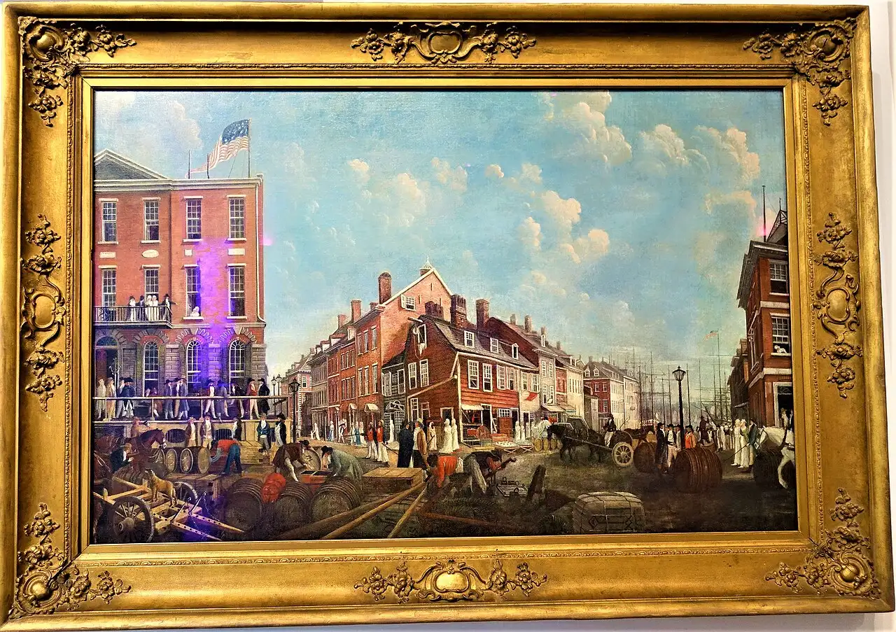 Francis Guy's 1797 painting of the Tontine Coffee House, where New York's Buttonwood brokers gathered to trade.