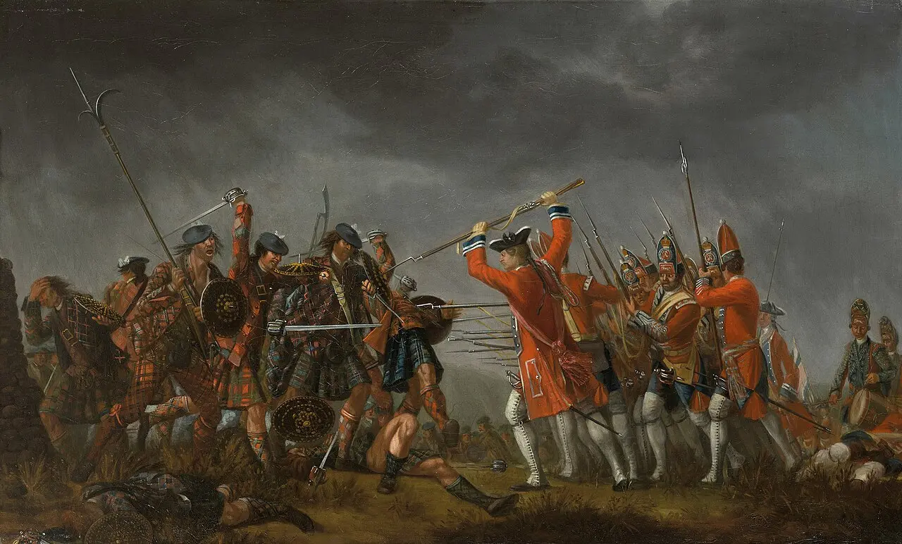 David Morier's 1746 painting of the Battle of Culloden, showing kilted Jacobite Highlanders charging British redcoat infantry.