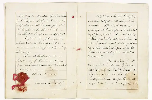 A page of the original signed 1867 Treaty of Cession with William H. Seward's signature and the red wax seal.