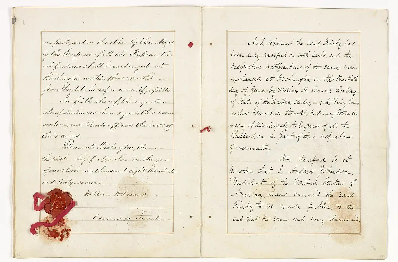 A page of the original signed 1867 Treaty of Cession with William H. Seward's signature and the red wax seal.
