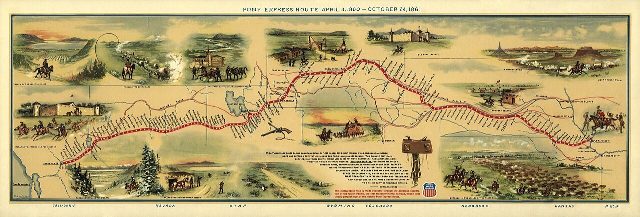 Illustrated map of the Pony Express route by William Henry Jackson (mid-20th-century reproduction); illustrative.