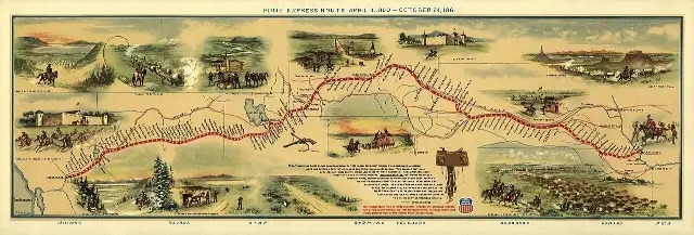 Illustrated map of the Pony Express route by William Henry Jackson (mid-20th-century reproduction); illustrative.