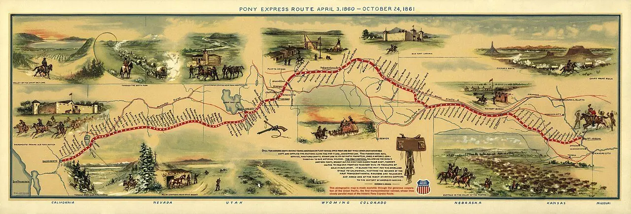 Illustrated map of the Pony Express route by William Henry Jackson (mid-20th-century reproduction); illustrative.