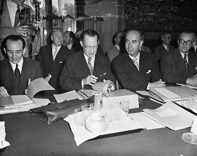 Diplomats at a Schuman Plan meeting, photographed by the U.S. Department of State; an image from the era of the plan's negotiation, not the May 9, 1950 declaration itself.