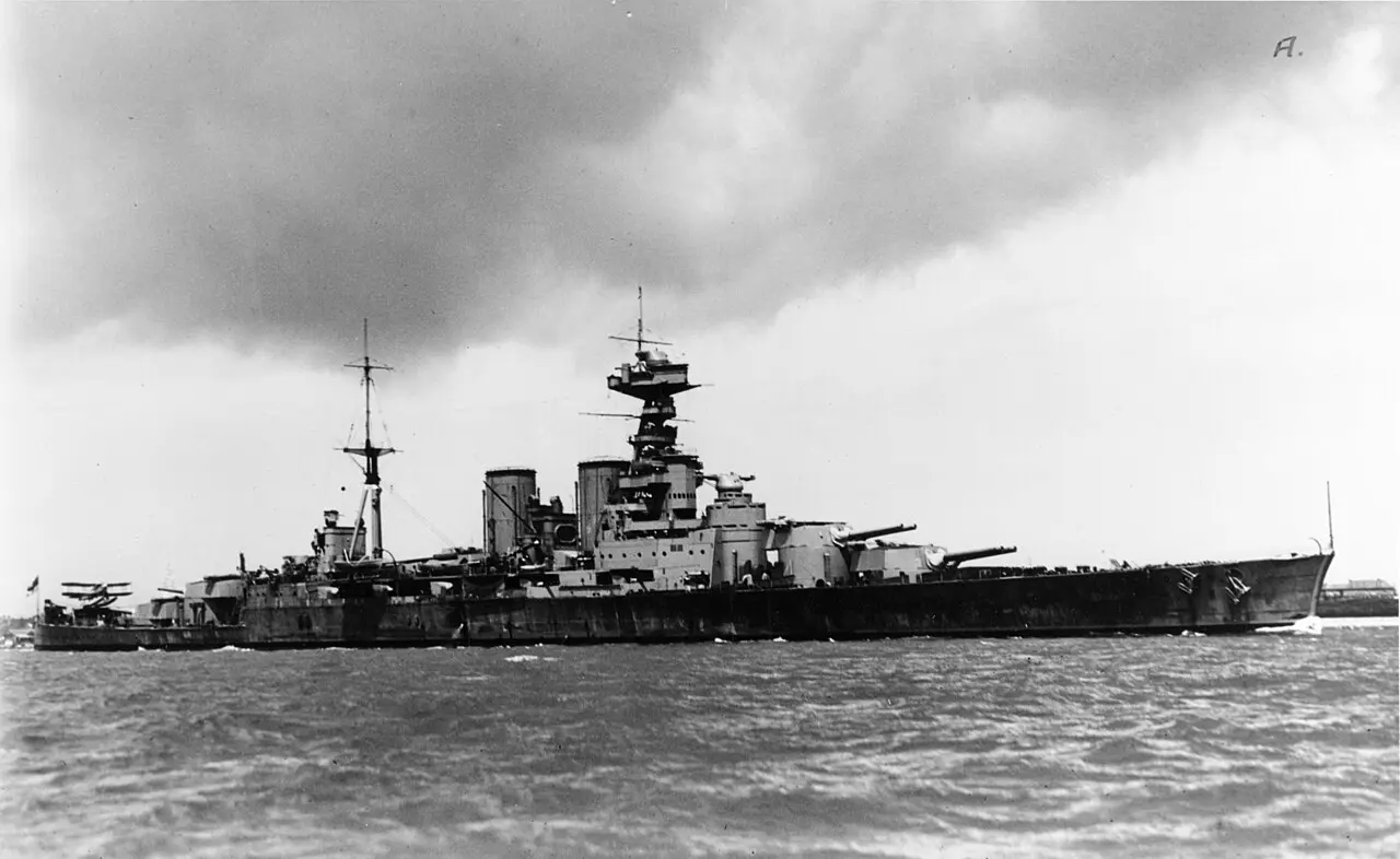 HMS Hood under way around 1932, photographed by the U.S. Navy, nine years before she was lost in the Denmark Strait.