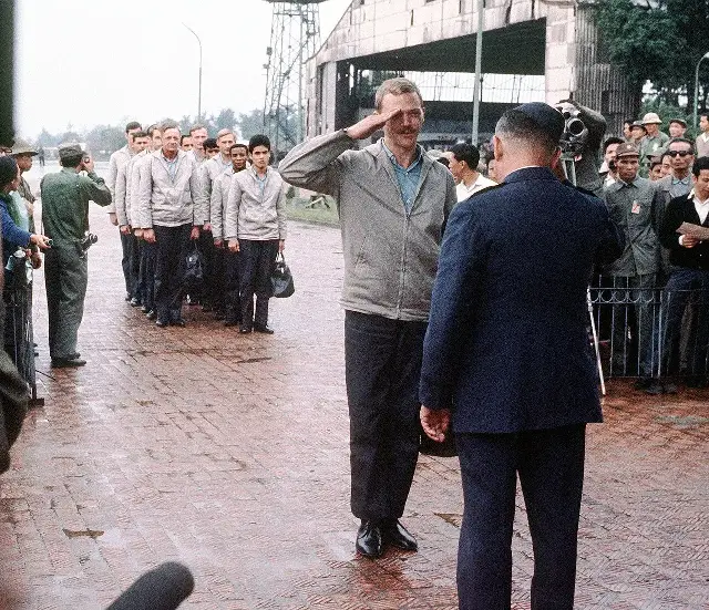 American POWs released in 1973 being returned to U.S. military control at Gia Lam airfield in Hanoi.