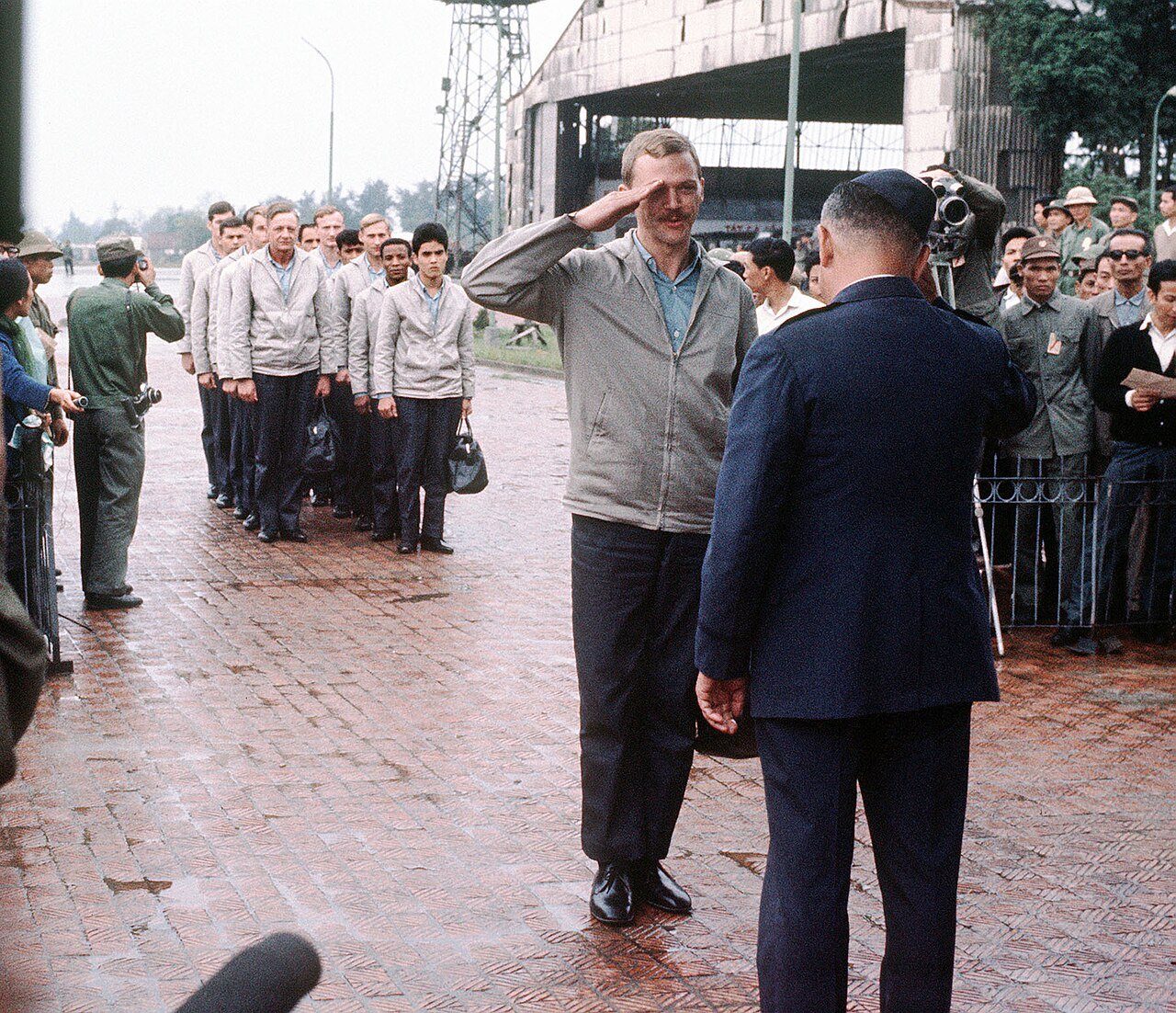 American POWs released in 1973 being returned to U.S. military control at Gia Lam airfield in Hanoi.