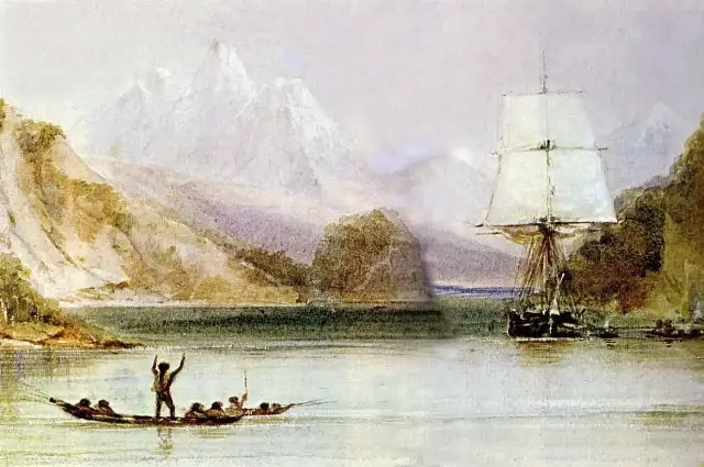 Conrad Martens's watercolor of HMS Beagle under sail.