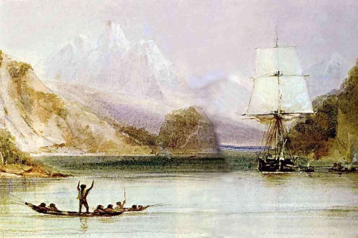 Conrad Martens's watercolor of HMS Beagle under sail.