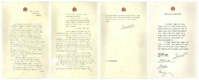 The Instrument of Abdication signed by Edward VIII on December 10, 1936, showing the signatures of the king and his three brothers as witnesses.