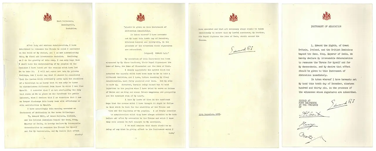 The Instrument of Abdication signed by Edward VIII on December 10, 1936, showing the signatures of the king and his three brothers as witnesses.