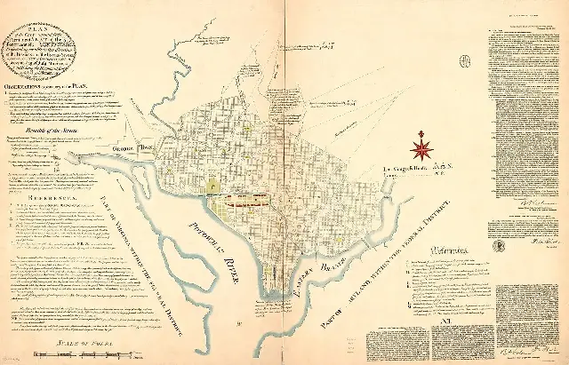 Pierre Charles L'Enfant's 1791 hand-drawn plan of the city of Washington, showing the street grid and diagonal avenues.