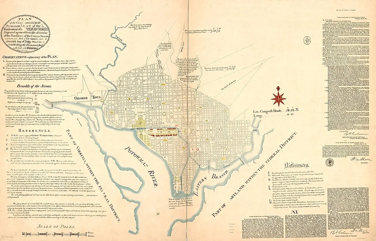 Pierre Charles L'Enfant's 1791 hand-drawn plan of the city of Washington, showing the street grid and diagonal avenues.