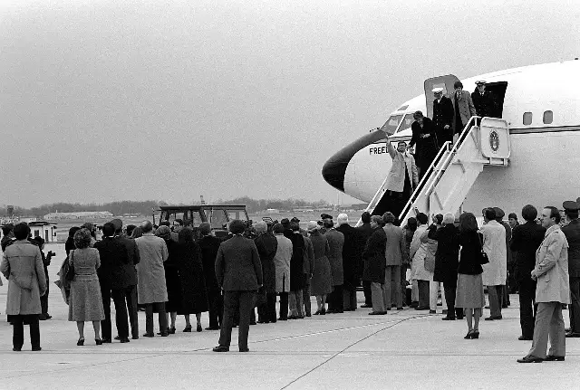 Freed American hostages disembarking from 'Freedom One' at Andrews Air Force Base, January 27, 1981.