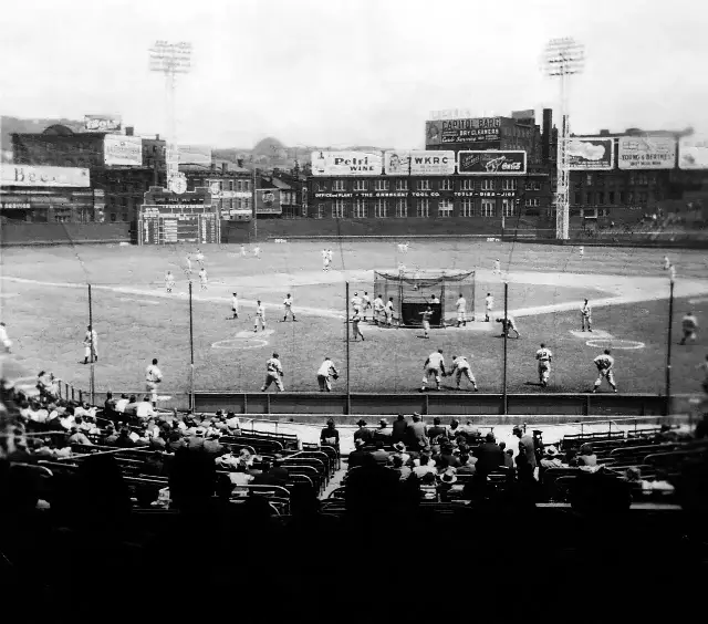 Crosley Field in Cincinnati, viewed from behind home plate, in a mid-20th century photograph.
