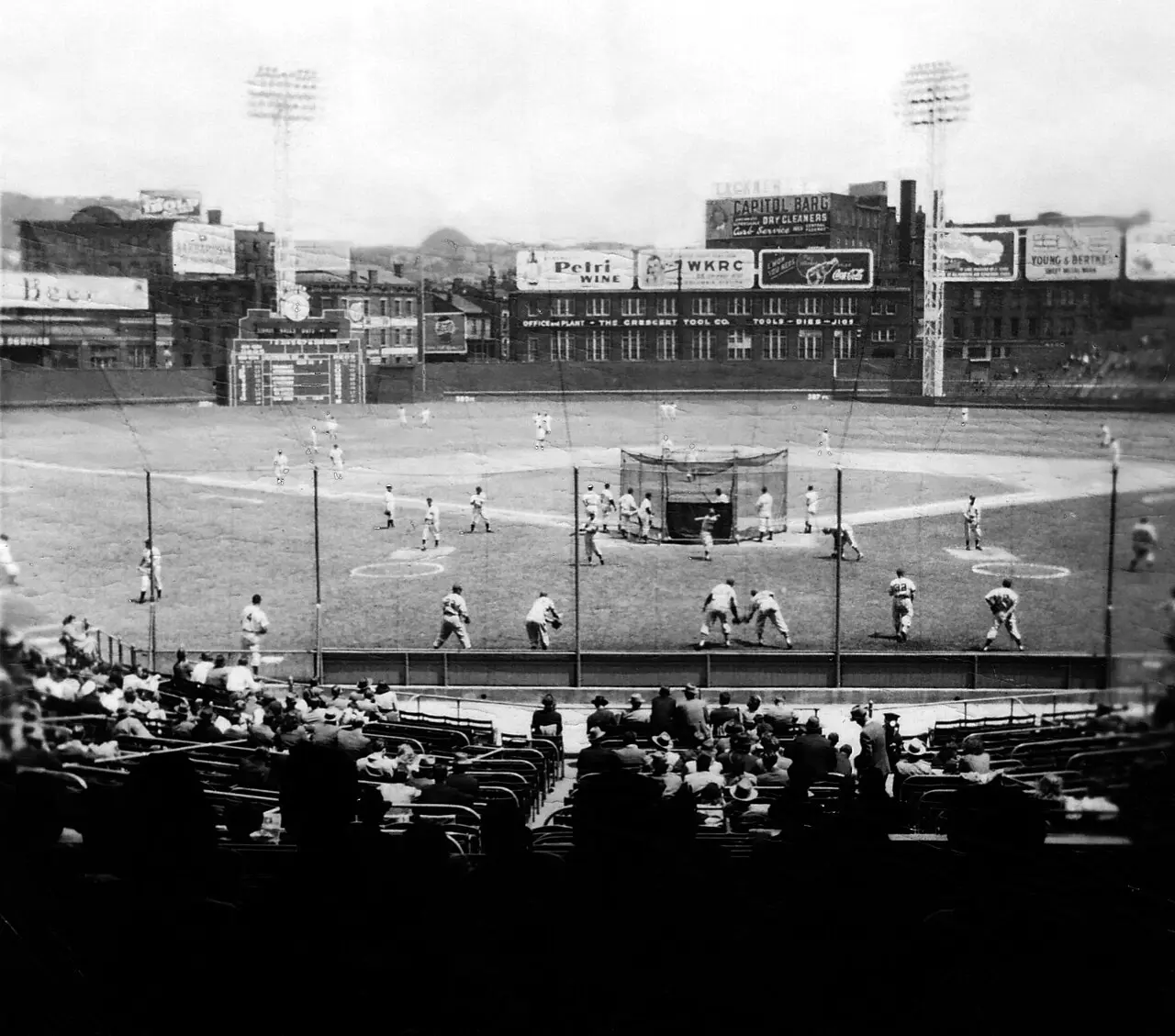 Crosley Field in Cincinnati, viewed from behind home plate, in a mid-20th century photograph.