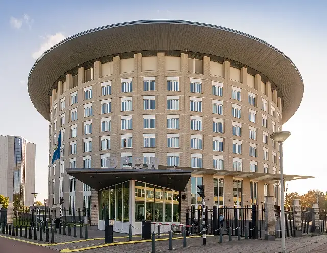 The Organisation for the Prohibition of Chemical Weapons headquarters building in The Hague, Netherlands.