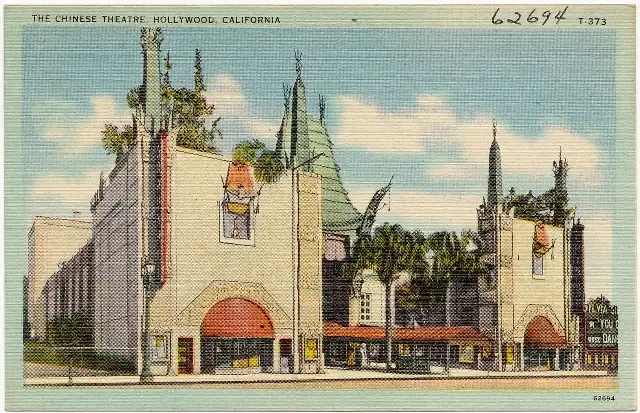 Illustrative: a vintage color postcard of the Chinese Theatre in Hollywood, where Star Wars premiered on May 25, 1977.