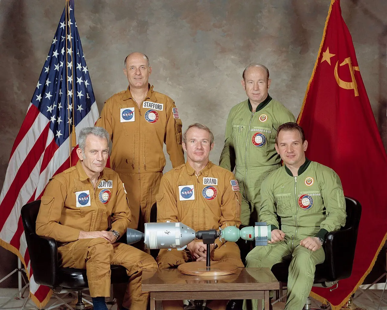 The official Apollo–Soyuz crew portrait: Thomas Stafford, Deke Slayton and Vance Brand with Alexei Leonov and Valery Kubasov.