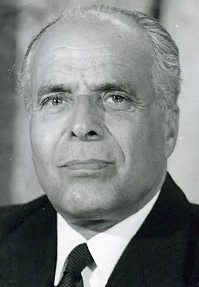 Black-and-white portrait of Habib Bourguiba, leader of Tunisia's independence movement and its first president.