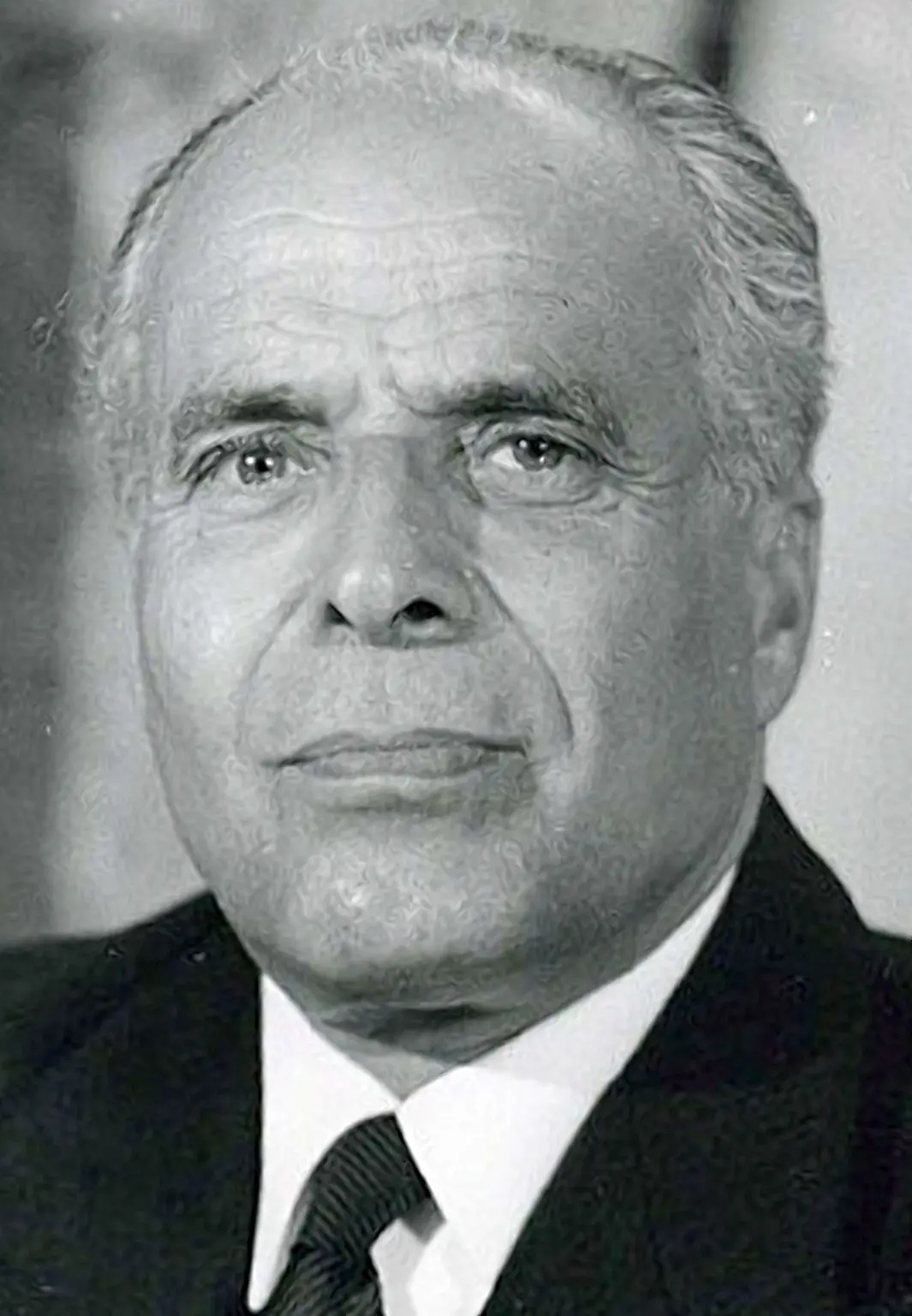 Black-and-white portrait of Habib Bourguiba, leader of Tunisia's independence movement and its first president.