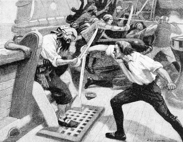 A 1904 book illustration showing Blackbeard fighting Lieutenant Robert Maynard's crew hand to hand during the Battle of Ocracoke.