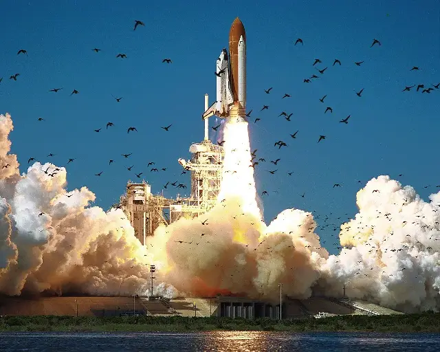 Space Shuttle Challenger lifting off from Kennedy Space Center on January 28, 1986, with birds scattering through smoke billowing from the launch pad.
