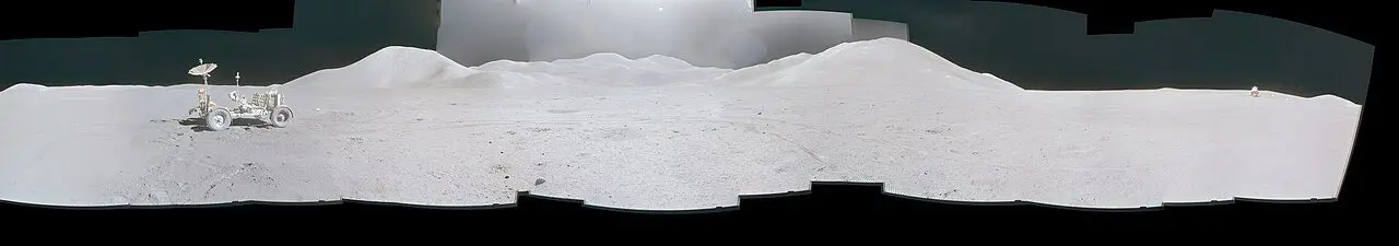 Panoramic view of the Apollo 15 landing site at Hadley-Apennine, with the lunar rover parked at left.