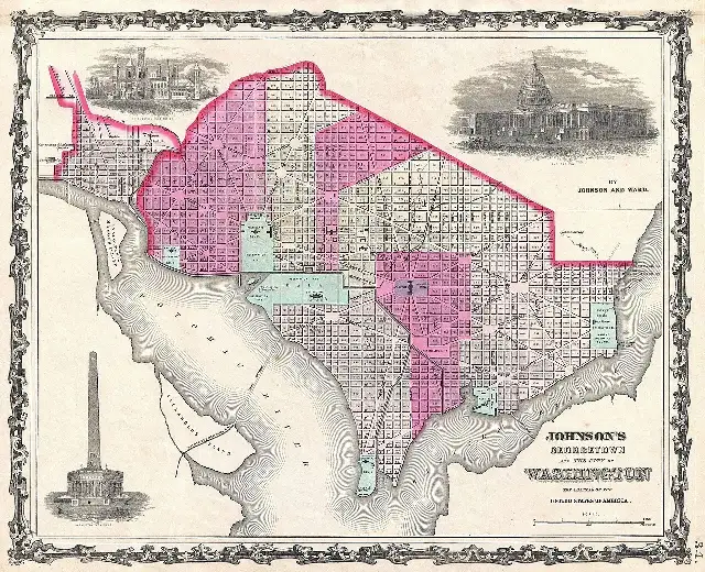 An 1862 color map of Washington, D.C. and Georgetown, published the year Lincoln signed the Compensated Emancipation Act.