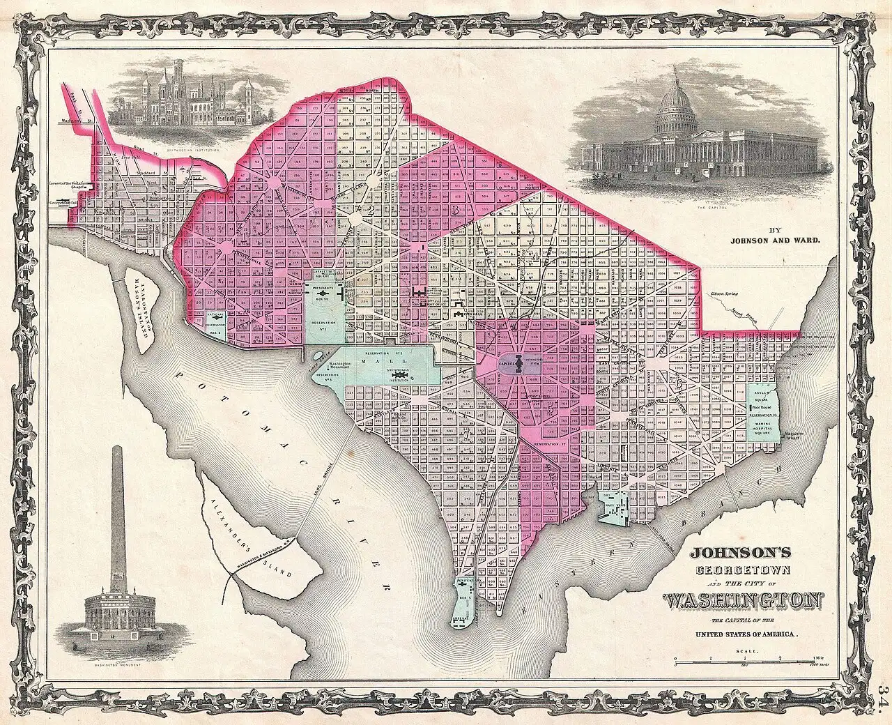 An 1862 color map of Washington, D.C. and Georgetown, published the year Lincoln signed the Compensated Emancipation Act.